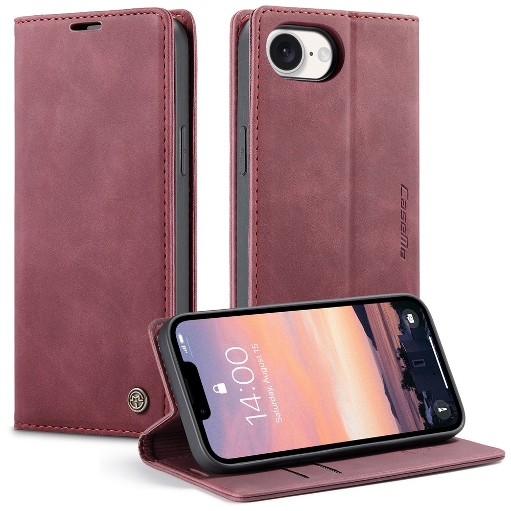 For iPhone 16e Wallet Case CASEME 013 Series PU Leather Phone Cover Stand - Red