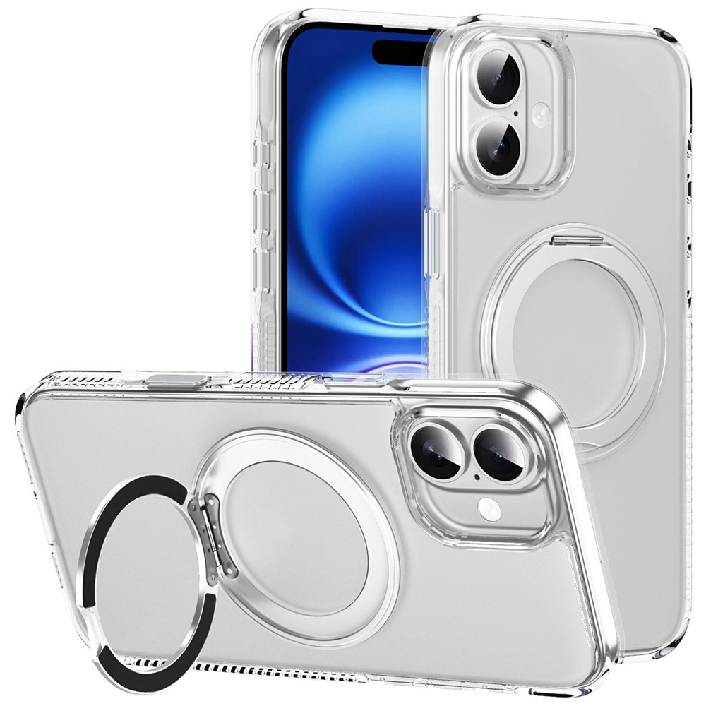 For iPhone 16 Plus Case with Camera Touch Control Button Rotating Kickstand PC + TPU Magnetic Phone Cover - Transparent