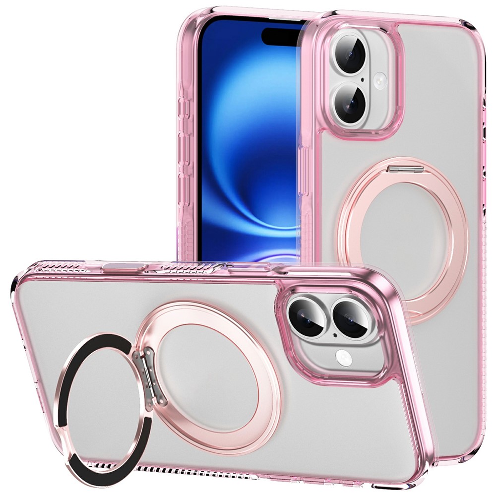 For iPhone 16 Plus Case with Camera Touch Control Button Rotating Kickstand PC + TPU Magnetic Phone Cover - Transparent Pink