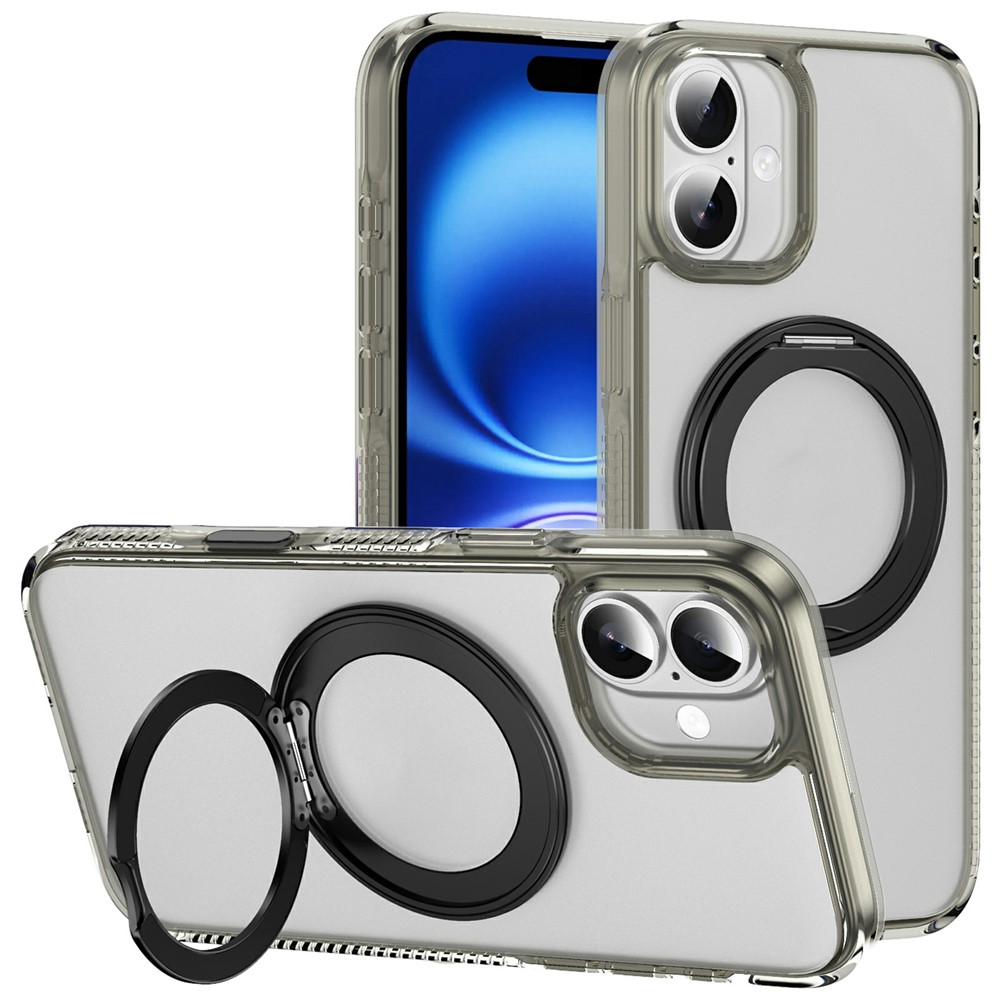 For iPhone 16 Plus Case with Camera Touch Control Button Rotating Kickstand PC + TPU Magnetic Phone Cover - Transparent Grey