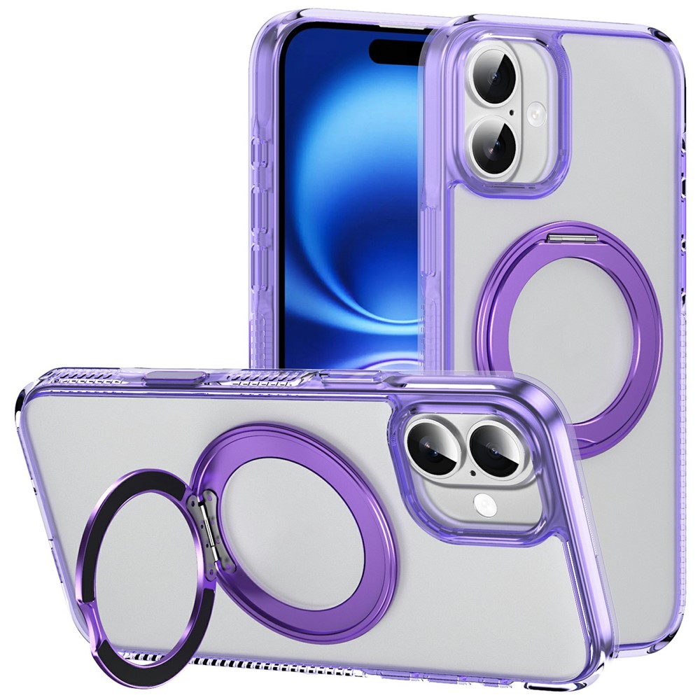 For iPhone 16 Plus Case with Camera Touch Control Button Rotating Kickstand PC + TPU Magnetic Phone Cover - Transparent Purple