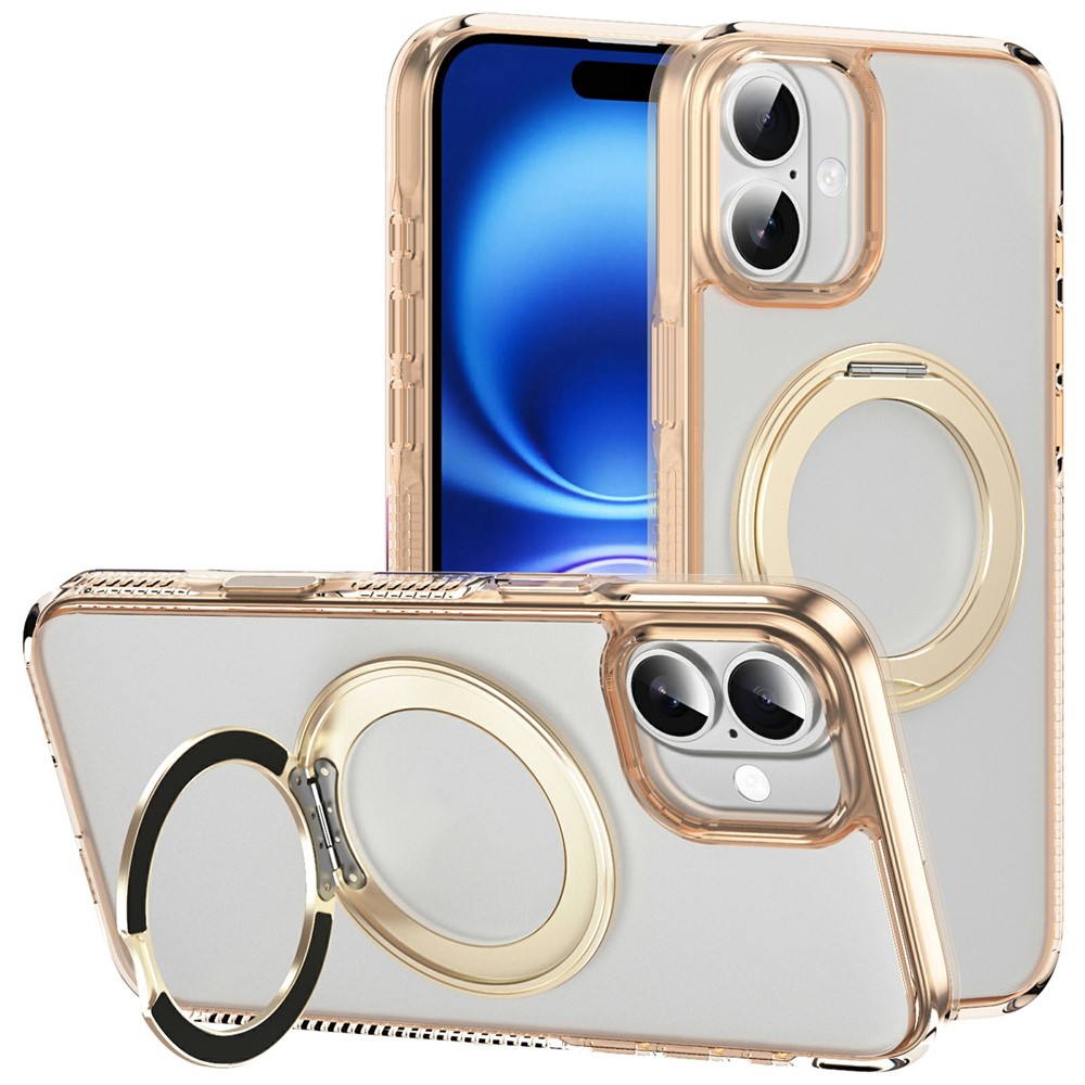 For iPhone 16 Plus Case with Camera Touch Control Button Rotating Kickstand PC + TPU Magnetic Phone Cover - Transparent Gold