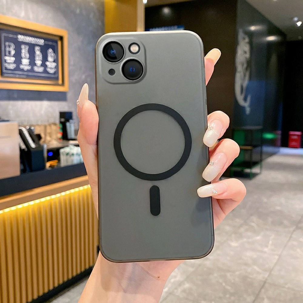 For iPhone 15 Magnetic Case Compatible with MagSafe Frosted PC Phone Cover with Camera Lens Protector - Transparent Black