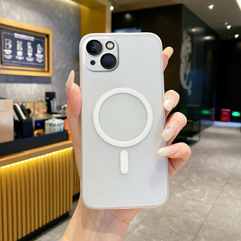 For iPhone 15 Magnetic Case Compatible with MagSafe Frosted PC Phone Cover with Camera Lens Protector - Transparent White
