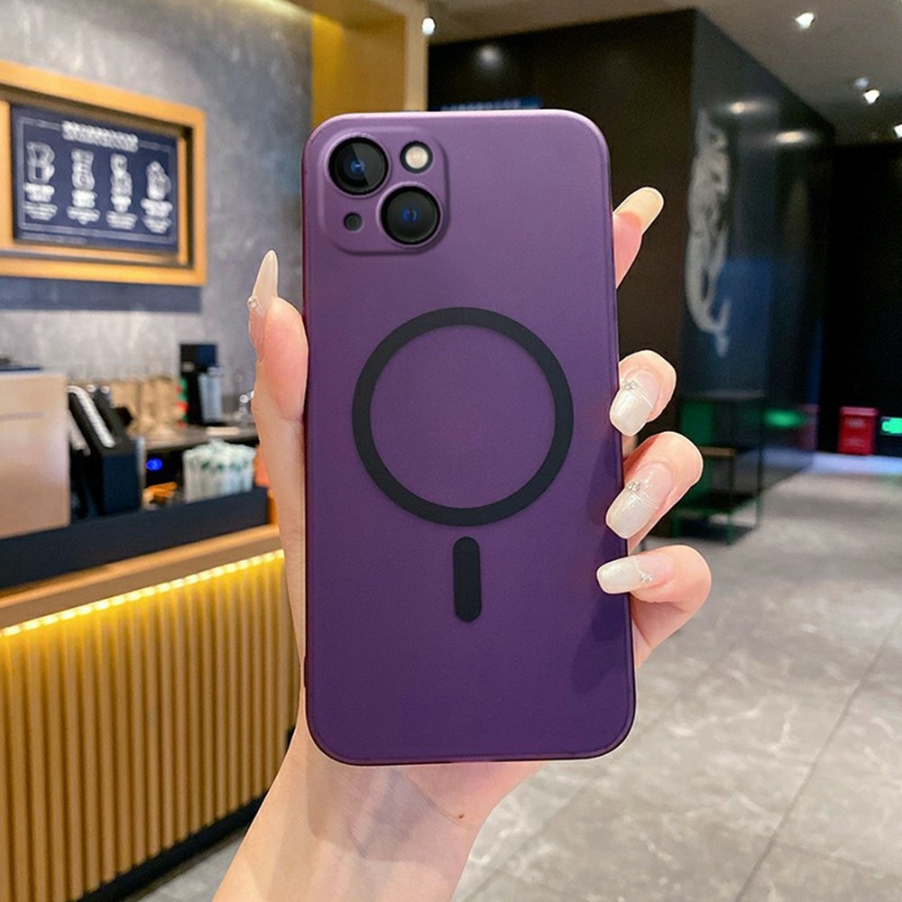 For iPhone 15 Magnetic Case Compatible with MagSafe Frosted PC Phone Cover with Camera Lens Protector - Transparent Purple