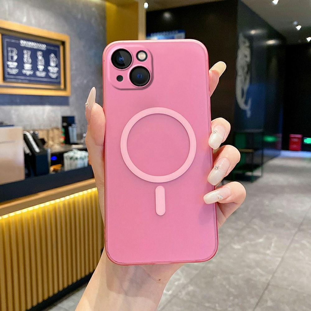 For iPhone 15 Magnetic Case Compatible with MagSafe Frosted PC Phone Cover with Camera Lens Protector - Transparent Pink