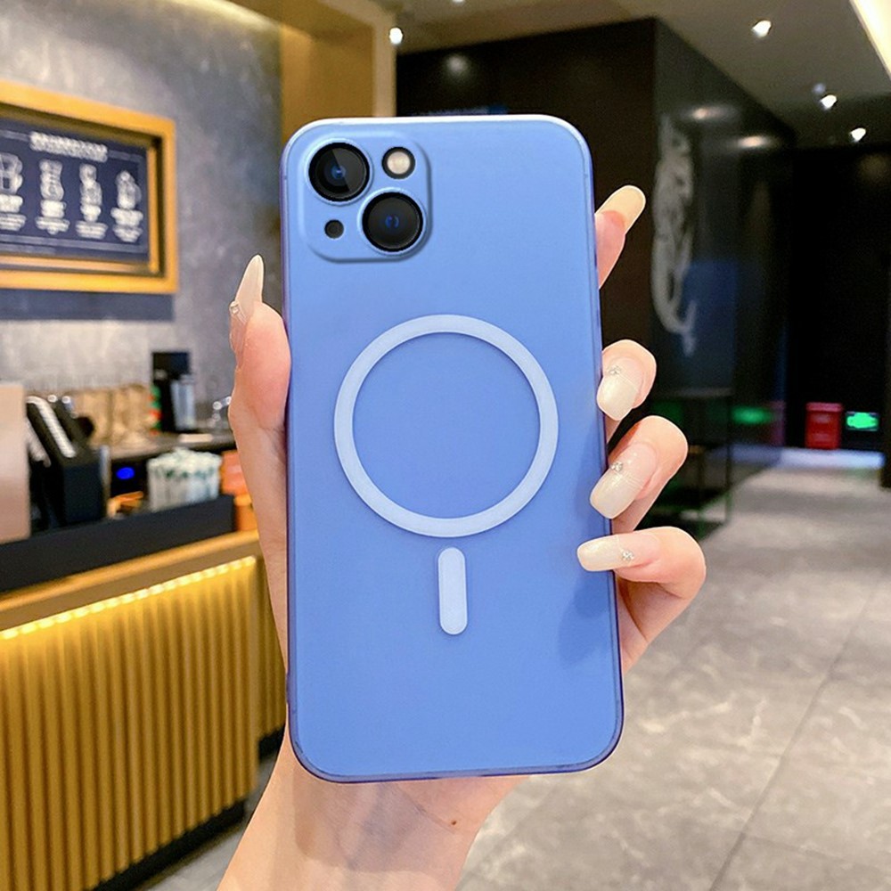 For iPhone 14 Magnetic Case Compatible with MagSafe Frosted PC Phone Cover with Camera Lens Protector - Blue