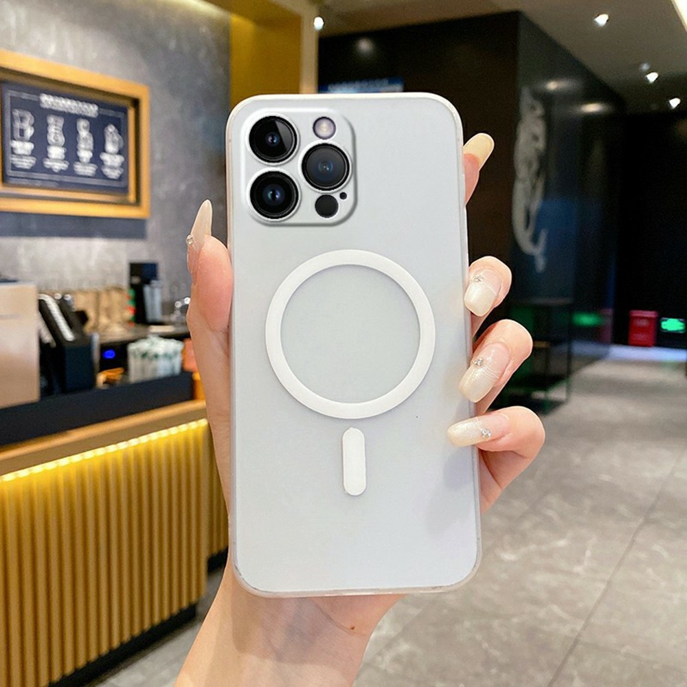 For iPhone 14 Pro Max Magnetic Case Compatible with MagSafe Frosted PC Phone Cover with Camera Lens Protector - Transparent White