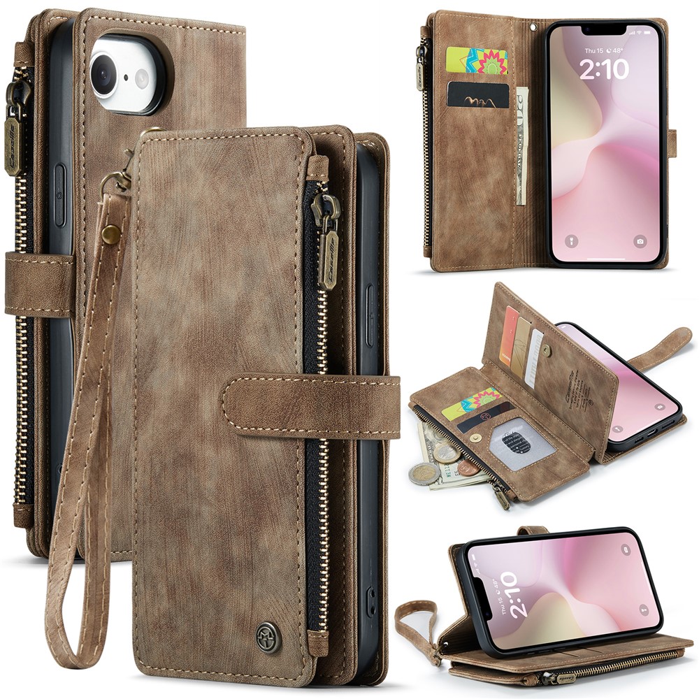 For iPhone 16e Phone Cases with Strap CASEME C30 Zipper Multiple Card Holder PU Leather Cover - Brown