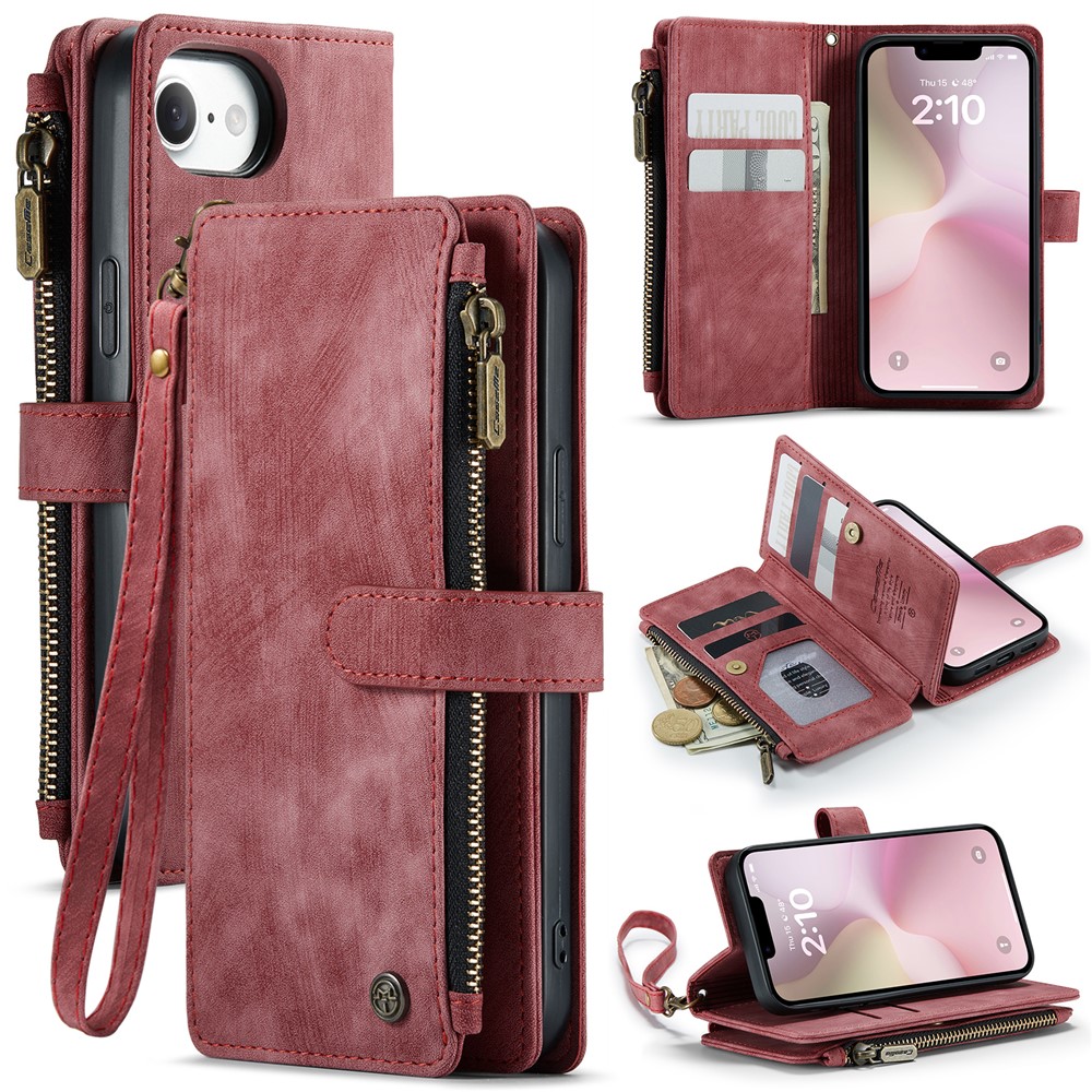 For iPhone 16e Phone Cases with Strap CASEME C30 Zipper Multiple Card Holder PU Leather Cover - Red