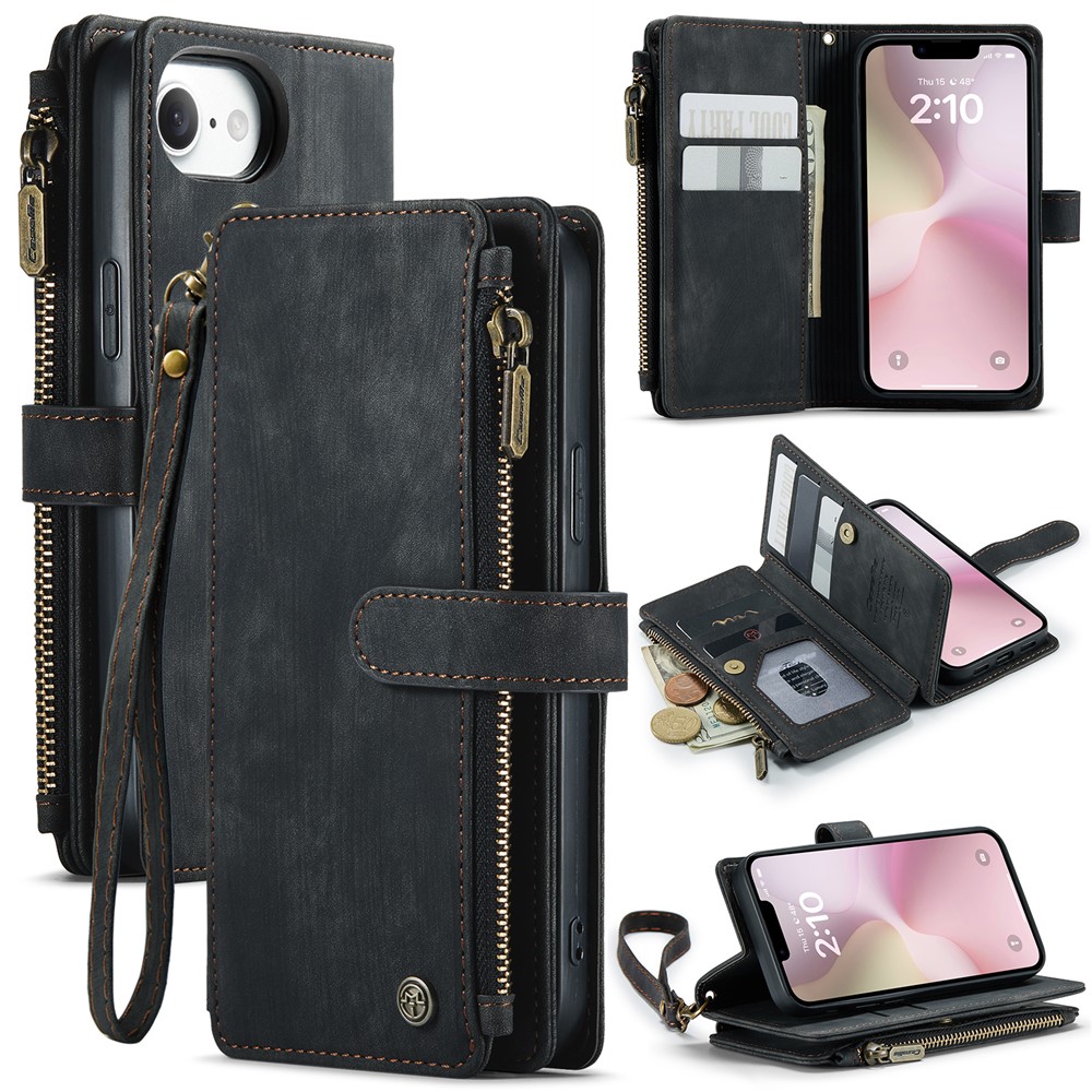 For iPhone 16e Phone Cases with Strap CASEME C30 Zipper Multiple Card Holder PU Leather Cover - Black