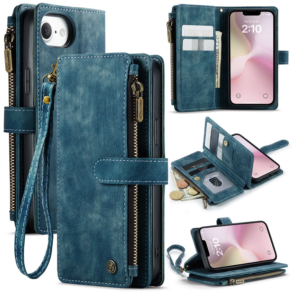 For iPhone 16e Phone Cases with Strap CASEME C30 Zipper Multiple Card Holder PU Leather Cover - Blue