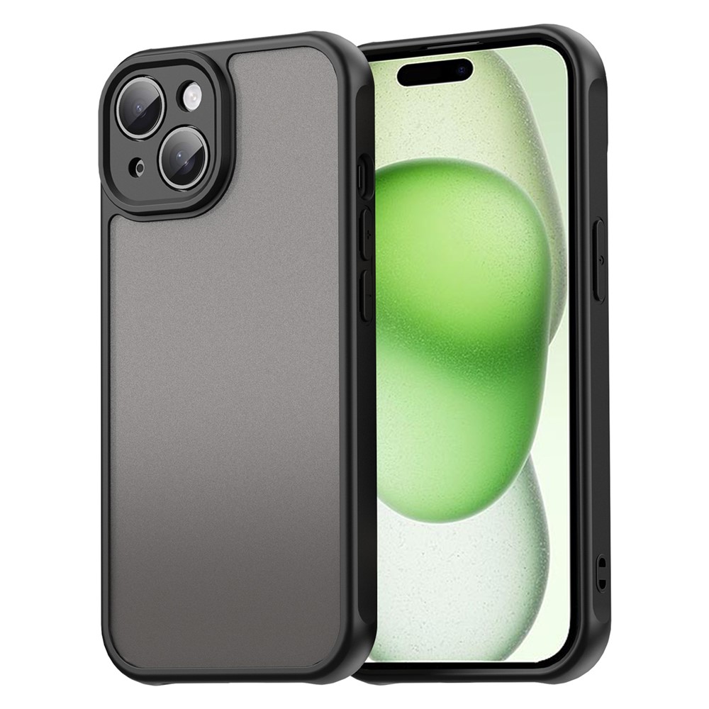 For iPhone 15 Case Drop Proof Airbags Frosted Translucent PC + TPU Phone Back Cover - Black