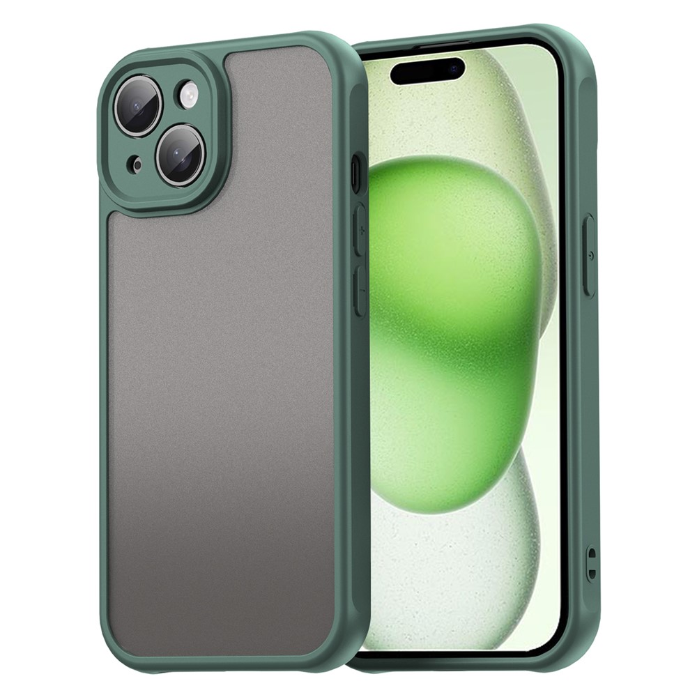 For iPhone 15 Case Drop Proof Airbags Frosted Translucent PC + TPU Phone Back Cover - Green