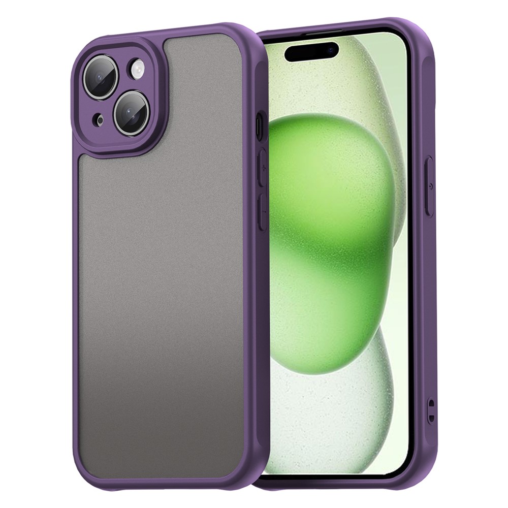 For iPhone 15 Case Drop Proof Airbags Frosted Translucent PC + TPU Phone Back Cover - Purple