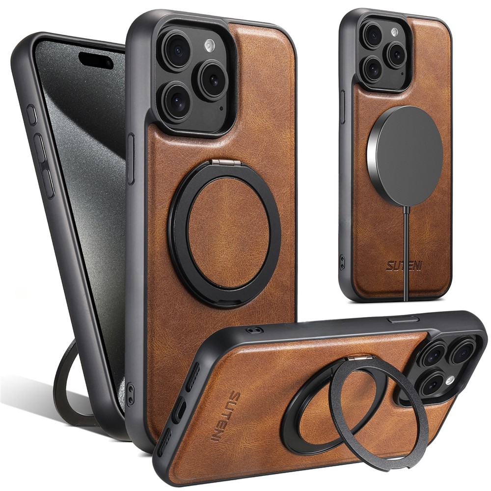 SUTENI G3 For iPhone 15 Pro Case Compatible with MagSafe Waxy Texture Rotating Kickstand Leather Phone Back Cover - Brown