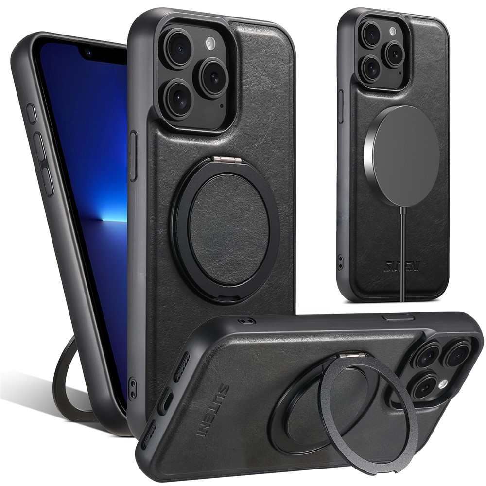 SUTENI G3 For iPhone 13 Pro Case Compatible with MagSafe Waxy Texture Rotating Kickstand Leather Phone Back Cover - Black