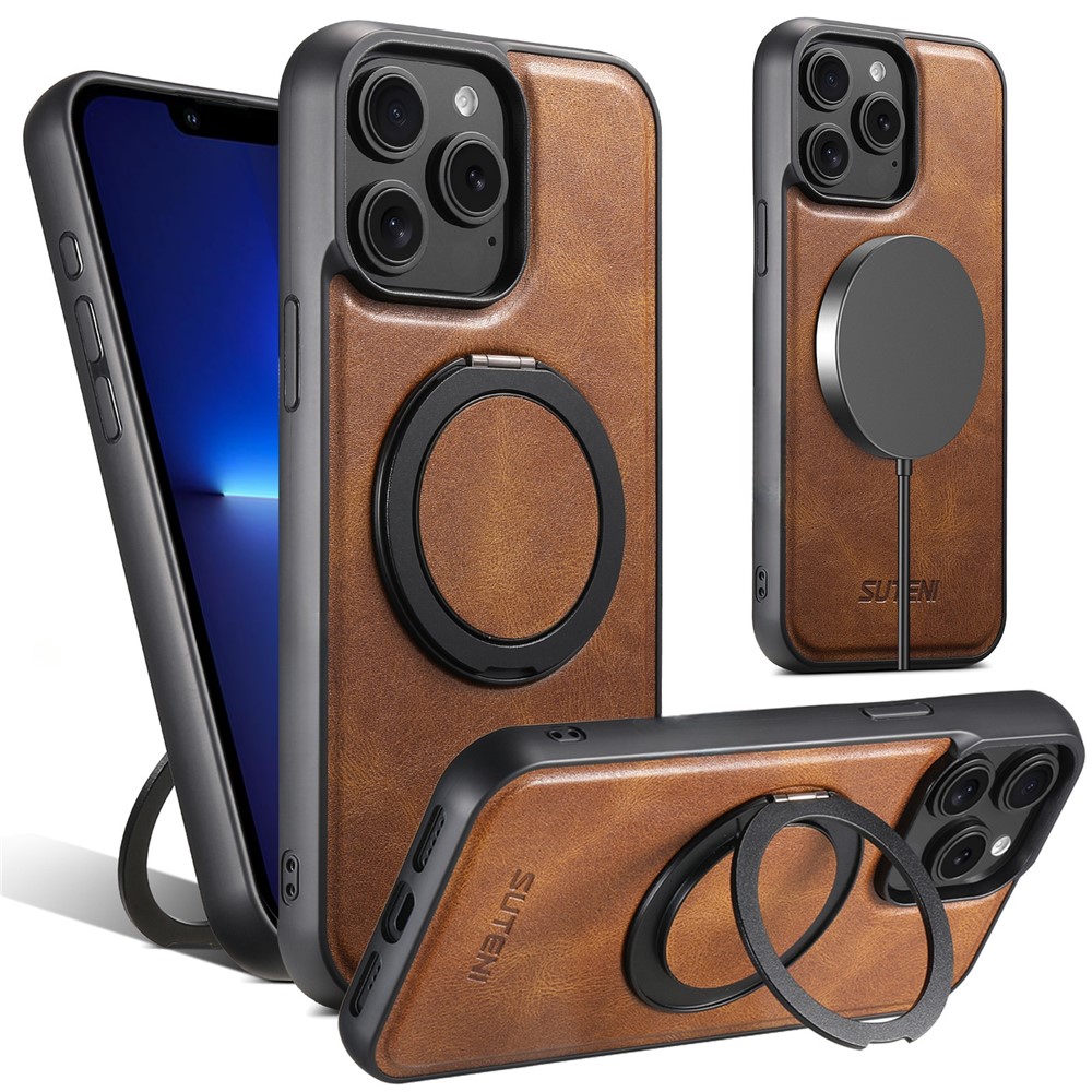 SUTENI G3 For iPhone 13 Pro Case Compatible with MagSafe Waxy Texture Rotating Kickstand Leather Phone Back Cover - Brown