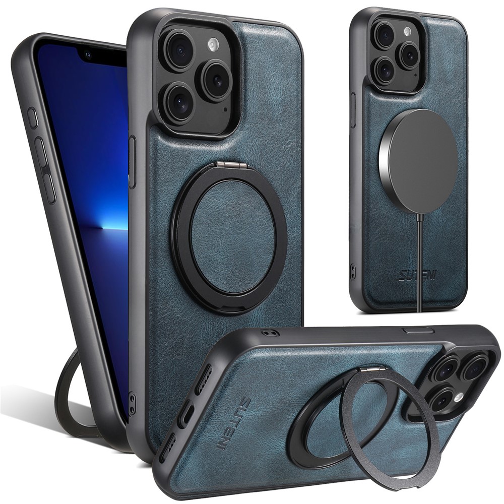 SUTENI G3 For iPhone 13 Pro Max Case Compatible with MagSafe Waxy Texture Rotating Kickstand Leather Phone Back Cover - Blue