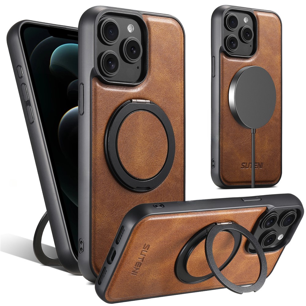 SUTENI G3 For iPhone 12 / 12 Pro Case Compatible with MagSafe Waxy Texture Rotating Kickstand Leather Phone Back Cover - Brown