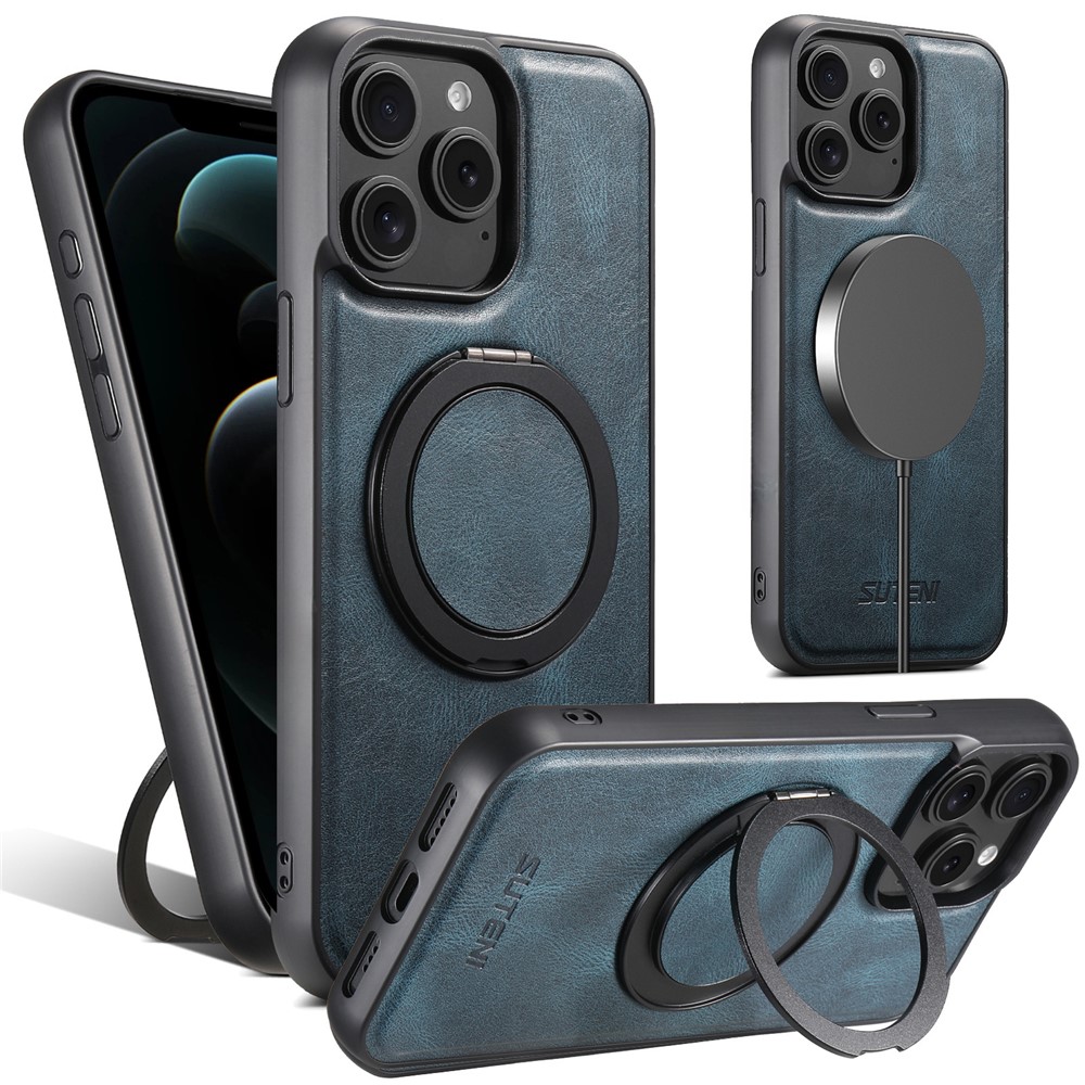 SUTENI G3 For iPhone 12 / 12 Pro Case Compatible with MagSafe Waxy Texture Rotating Kickstand Leather Phone Back Cover - Blue