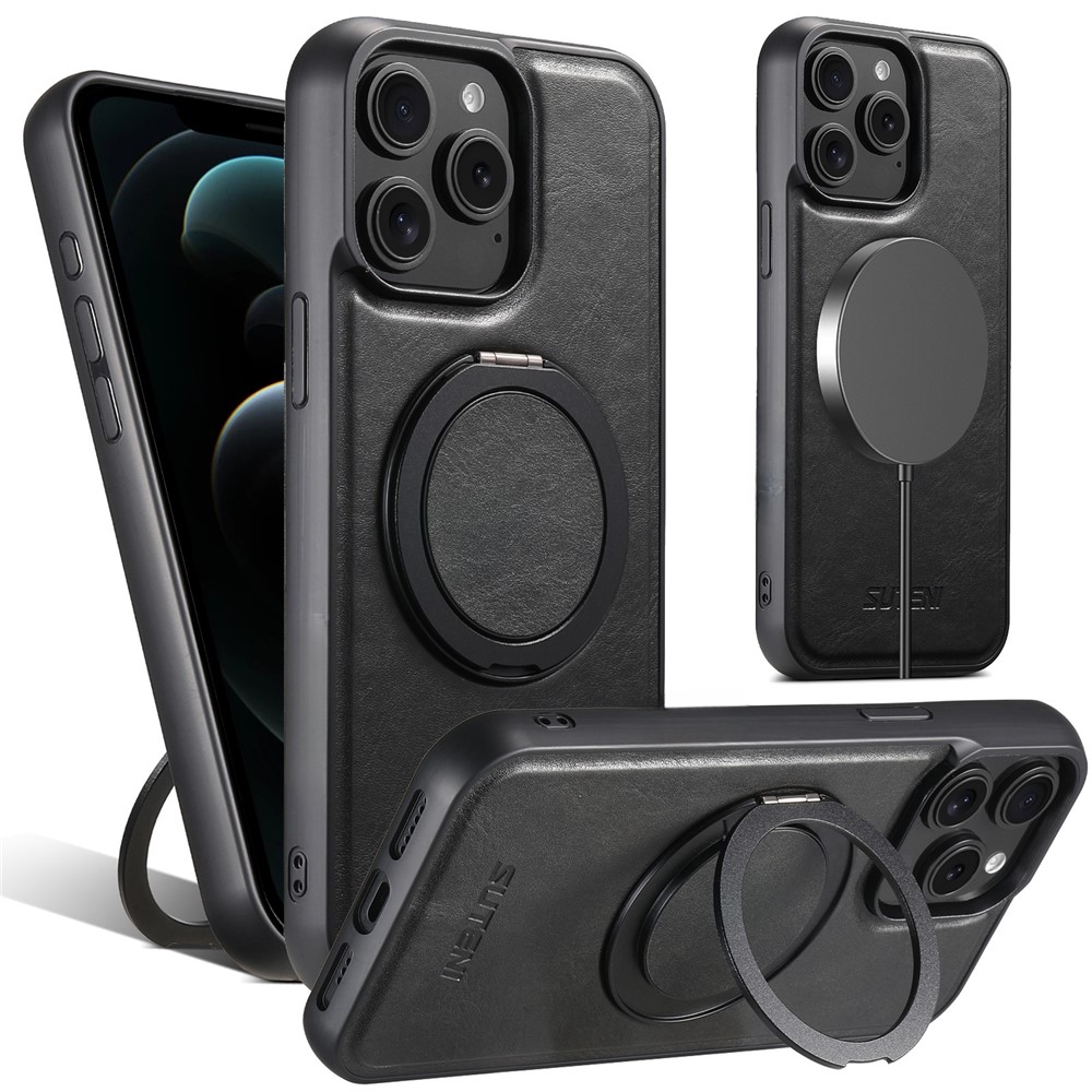 SUTENI G3 For iPhone 12 / 12 Pro Case Compatible with MagSafe Waxy Texture Rotating Kickstand Leather Phone Back Cover - Black