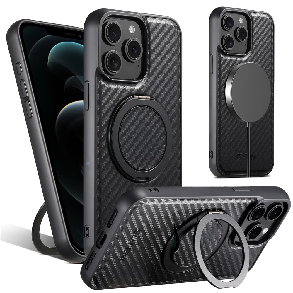 SUTENI G3 For iPhone 12 / 12 Pro Magnetic Case Rotating Kickstand Carbon Fiber Texture Leather Phone Back Cover