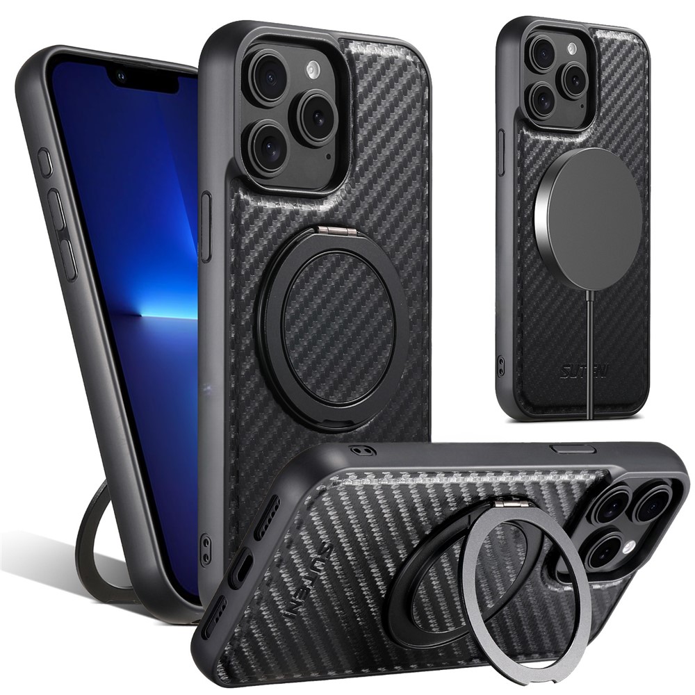 SUTENI G3 For iPhone 13 Pro Magnetic Case Rotating Kickstand Carbon Fiber Texture Leather Phone Back Cover