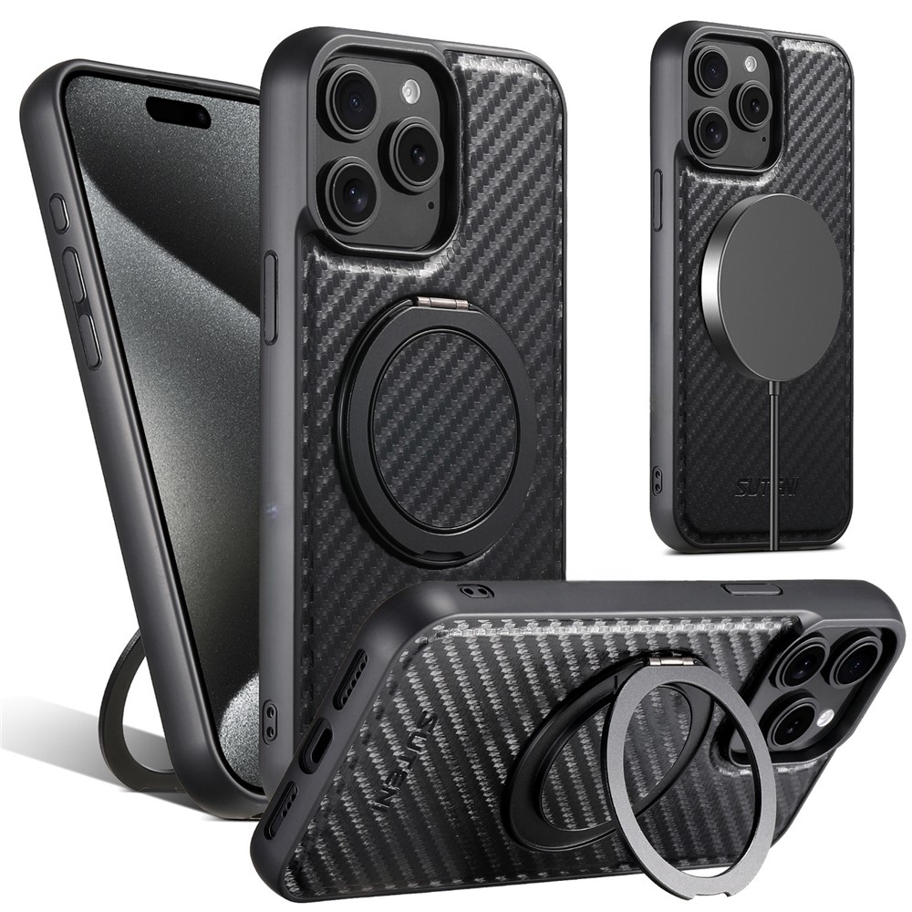 SUTENI G3 For iPhone 14 Pro Max Magnetic Case Rotating Kickstand Carbon Fiber Texture Leather Phone Back Cover