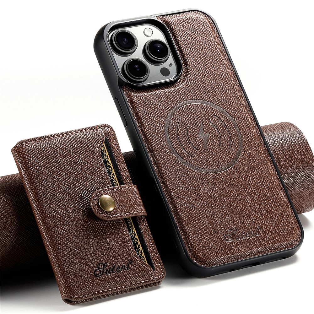 SUTENI H20 For iPhone 12 Pro  /  12 Magnetic Case Cross Texture Phone Back Cover with Detachable Card Holder - Brown