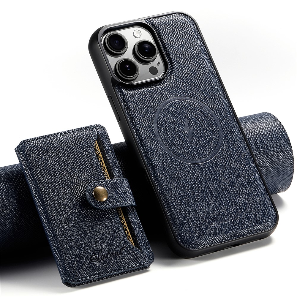 SUTENI H20 For iPhone 14 Pro Magnetic Case Cross Texture Phone Back Cover with Detachable Card Holder - Blue