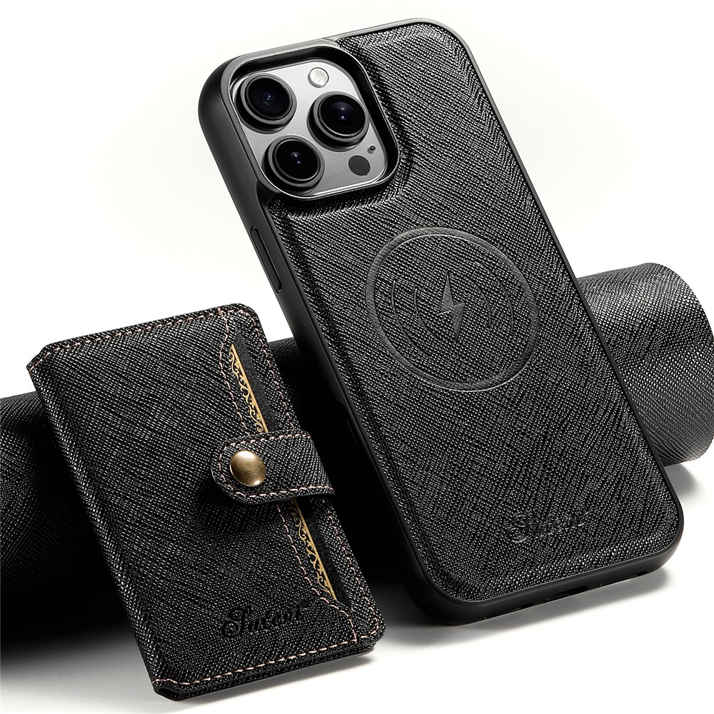 SUTENI H20 For iPhone 14 Pro Max Magnetic Case Cross Texture Phone Back Cover with Detachable Card Holder - Black