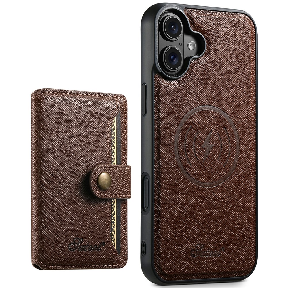 SUTENI H20 For iPhone 16 Plus Magnetic Case Cross Texture Phone Back Cover with Detachable Card Holder - Brown