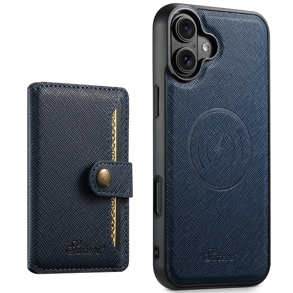 SUTENI H20 For iPhone 16 Plus Magnetic Case Cross Texture Phone Back Cover with Detachable Card Holder - Blue