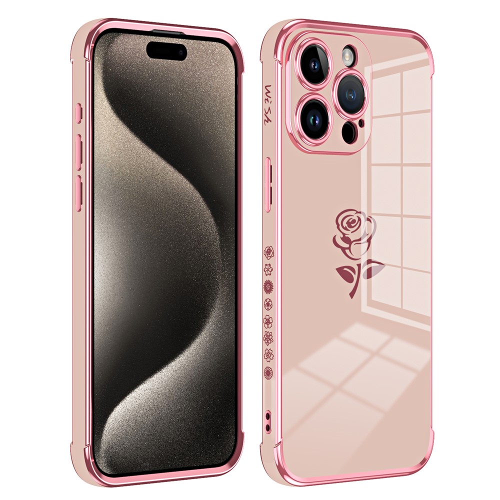 For iPhone 15 Pro Max Case Electroplating Edge Rose Pattern TPU Phone Back Cover Airbag Drop Proof - Rose Pink