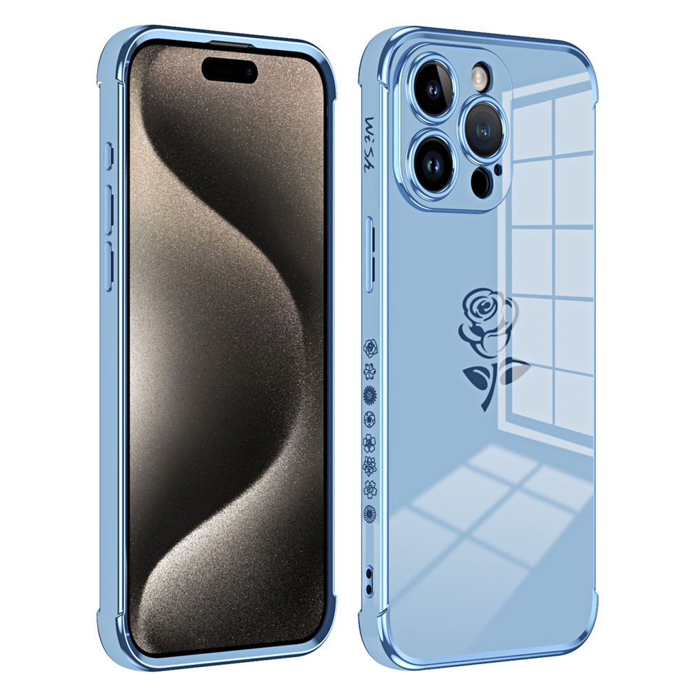 For iPhone 15 Pro Max Case Electroplating Edge Rose Pattern TPU Phone Back Cover Airbag Drop Proof - Blue
