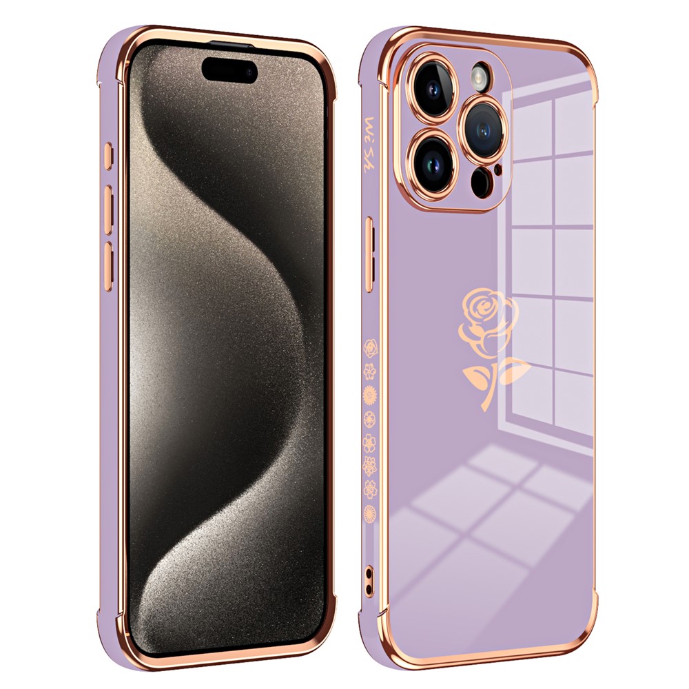 For iPhone 15 Pro Max Case Electroplating Edge Rose Pattern TPU Phone Back Cover Airbag Drop Proof - Purple