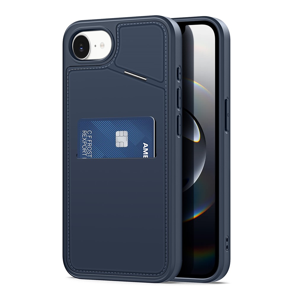 For iPhone 16e Magnetic Case DUX DUCIS Rafi II Series Leather Back Cover with RFID Blocking Card Slots - Blue