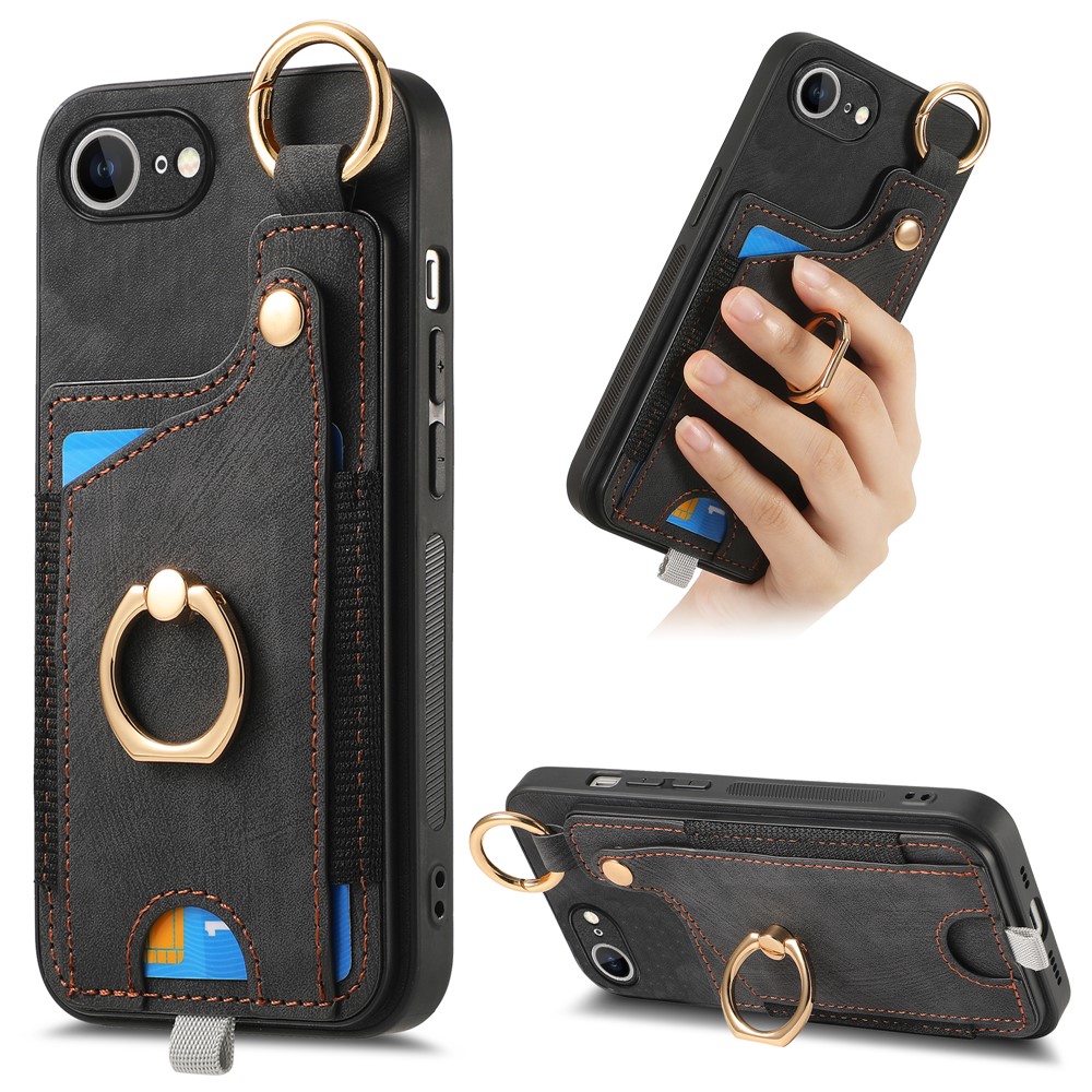 For iPhone 16e Retro Leather Phone Back Cover with Card Slots and Ring Holder - Black