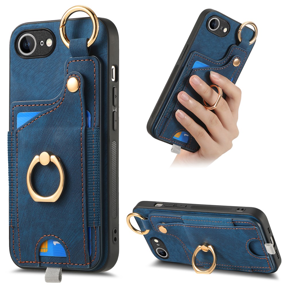 For iPhone 16e Retro Leather Phone Back Cover with Card Slots and Ring Holder - Blue