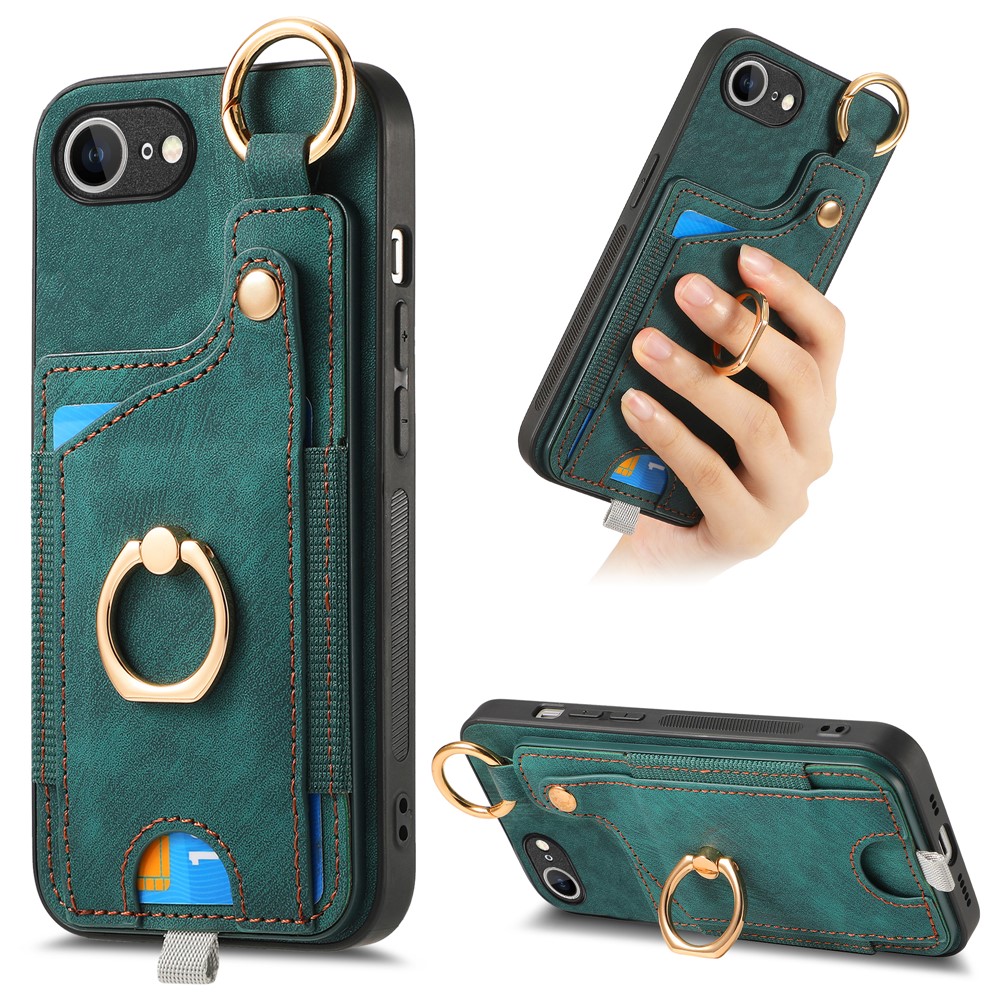 For iPhone 16e Retro Leather Phone Back Cover with Card Slots and Ring Holder - Green