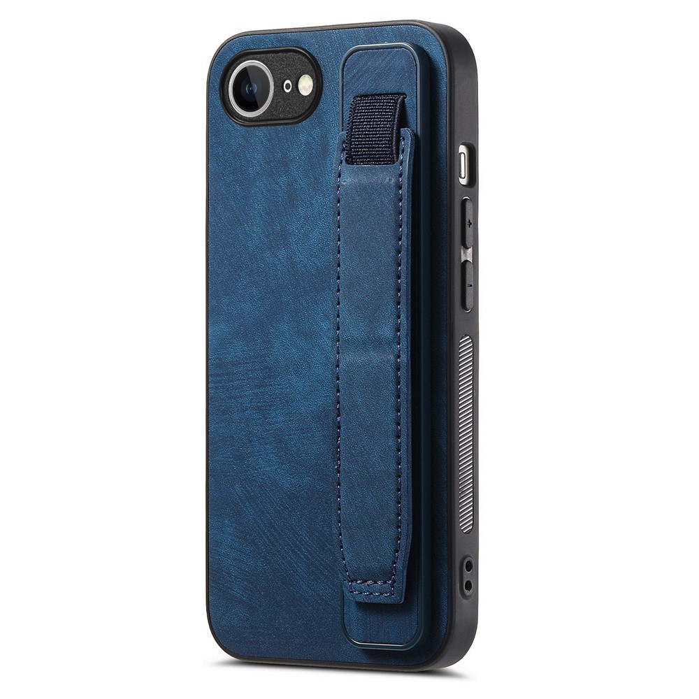For iPhone 16e Case with Wristband Kickstand Leather + TPU Phone Cover - Blue