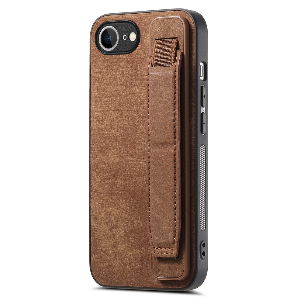 For iPhone 16e Case with Wristband Kickstand Leather + TPU Phone Cover - Brown