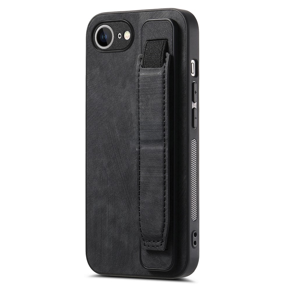For iPhone 16e Case with Wristband Kickstand Leather + TPU Phone Cover - Black