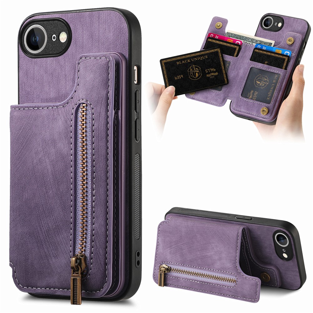For iPhone 16e Case with Zipper Card Holder Retro Leather TPU Phone Cover - Purple