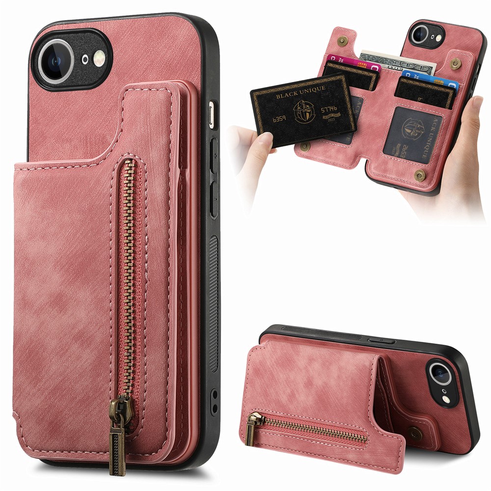 For iPhone 16e Case with Zipper Card Holder Retro Leather TPU Phone Cover - Pink