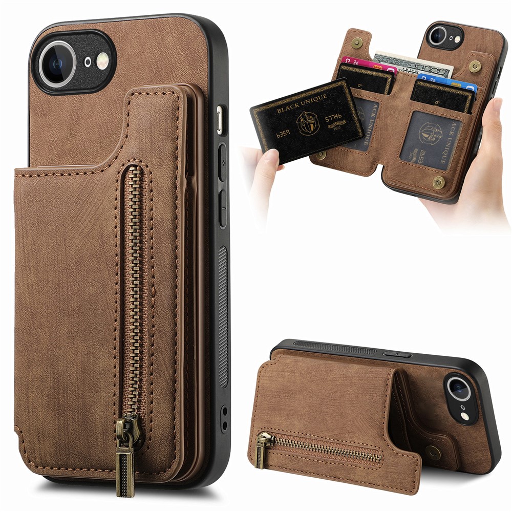 For iPhone 16e Case with Zipper Card Holder Retro Leather TPU Phone Cover - Brown
