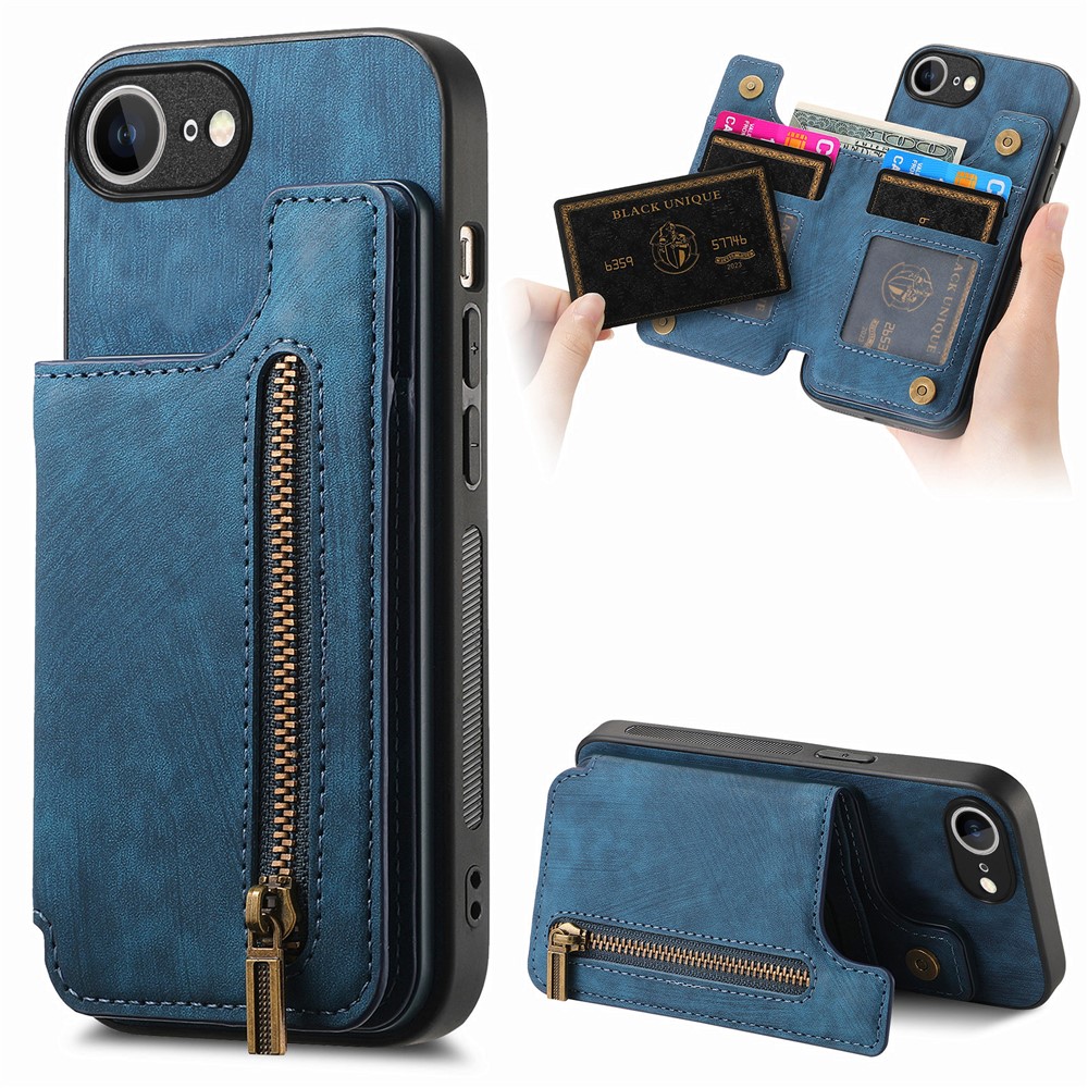 For iPhone 16e Case with Zipper Card Holder Retro Leather TPU Phone Cover - Blue