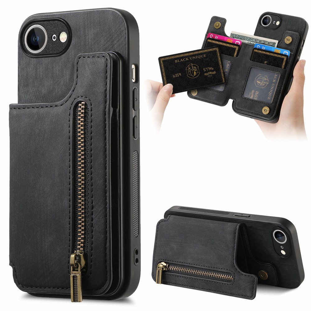 For iPhone 16e Case with Zipper Card Holder Retro Leather TPU Phone Cover - Black