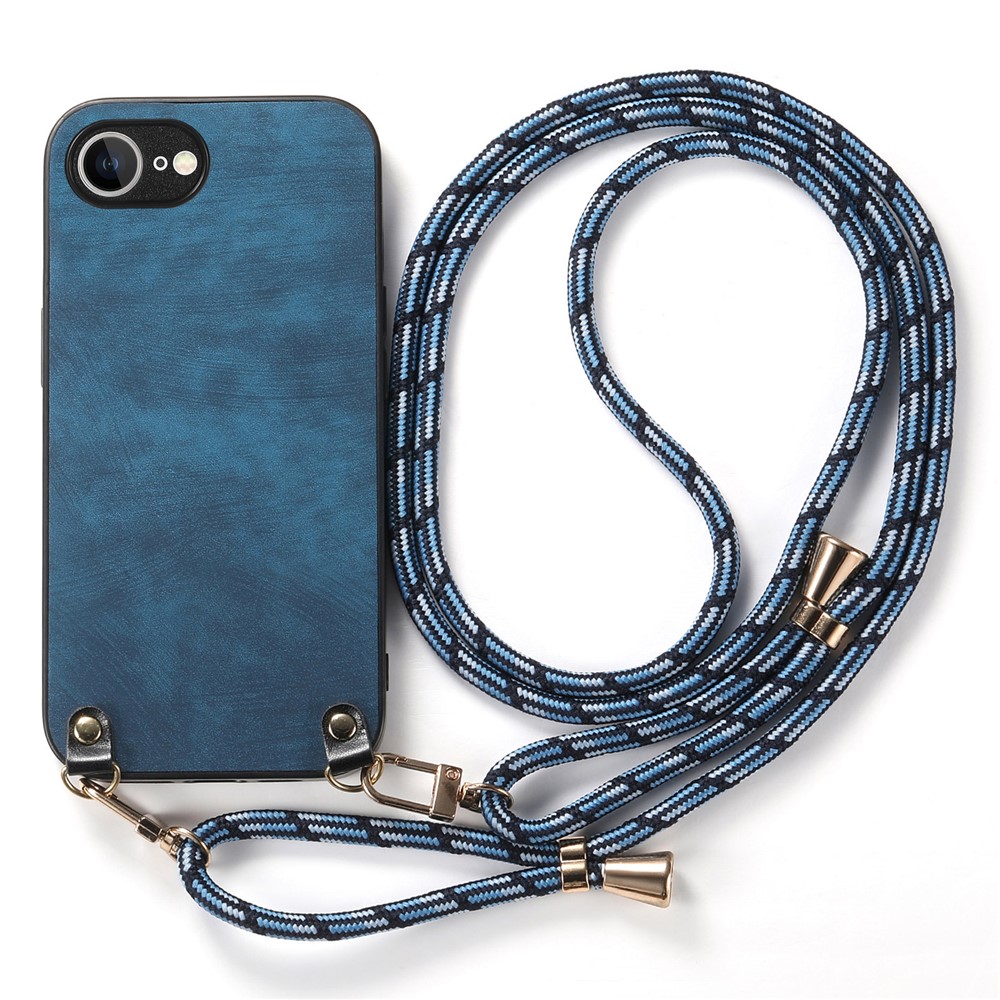 For iPhone 16e Retro Leather Phone Back Cover with Adjustable Strap - Blue